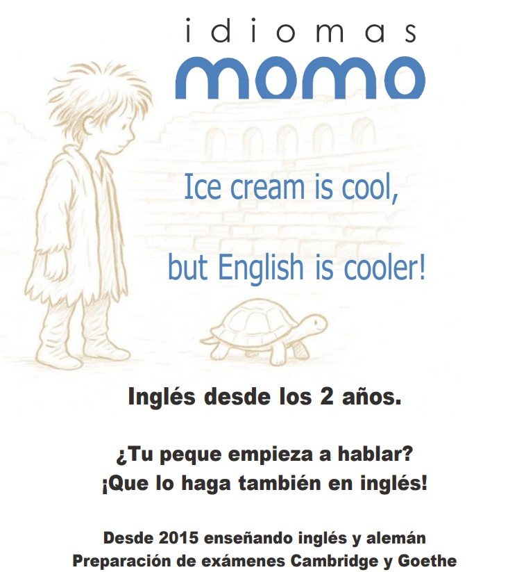 Cartel de Idiomas Momo con el lema «Ice cream is cool, but English is cooler!» junto al acueducto de Mérida