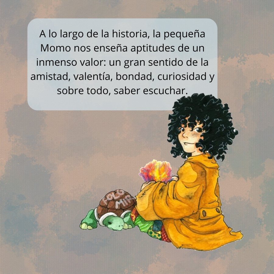 Ilustración de Momo sentada junto a la tortuga Casiopea, sosteniendo una flor