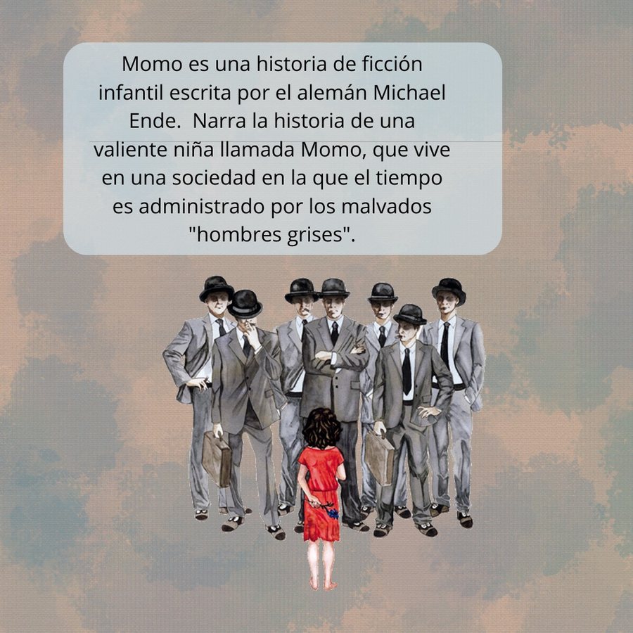 Ilustración de Momo, una niña de vestido rojo, frente a los hombres grises de la novela