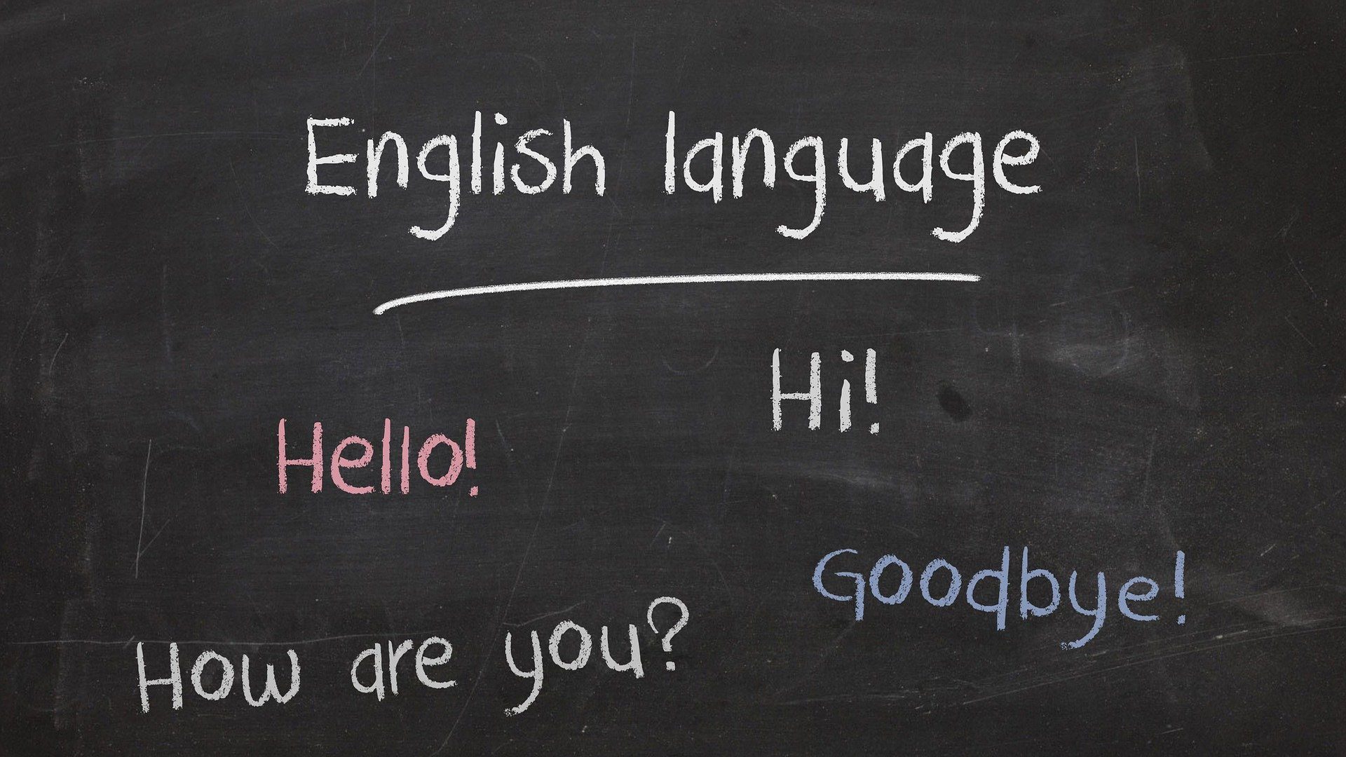 Pizarra con saludos en inglés: Hello, Hi, How are you, Goodbye